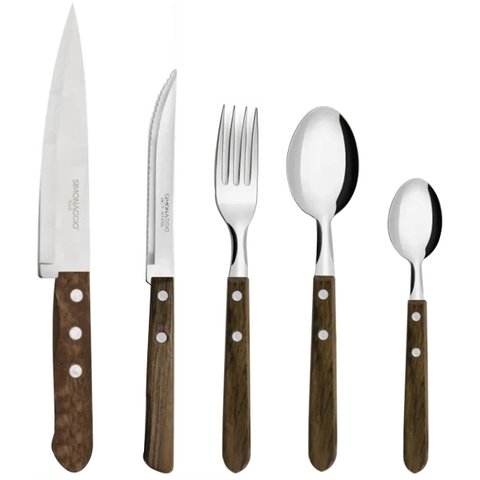 Organizador de Talheres Faca de Cozinha e Jogo Faqueiro Cucina Mia Inox Madeira 26 peças Simonaggio