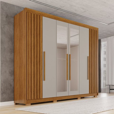 Guarda-Roupa Casal com Pés e Espelho 100% MDF 6 Portas 6 Gavetas Granada Premium Marrom/Cinamomo/Off-White
