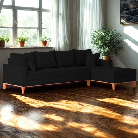 Sofá 4 Lugares Beny com Chaise Direito Corino Preto