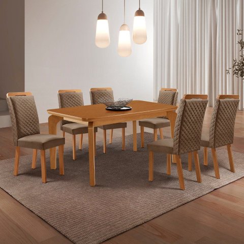 Mesa de Jantar Liz 180cm Tampo MDF Laminado Canto Copo com 6 Cadeiras Lorena