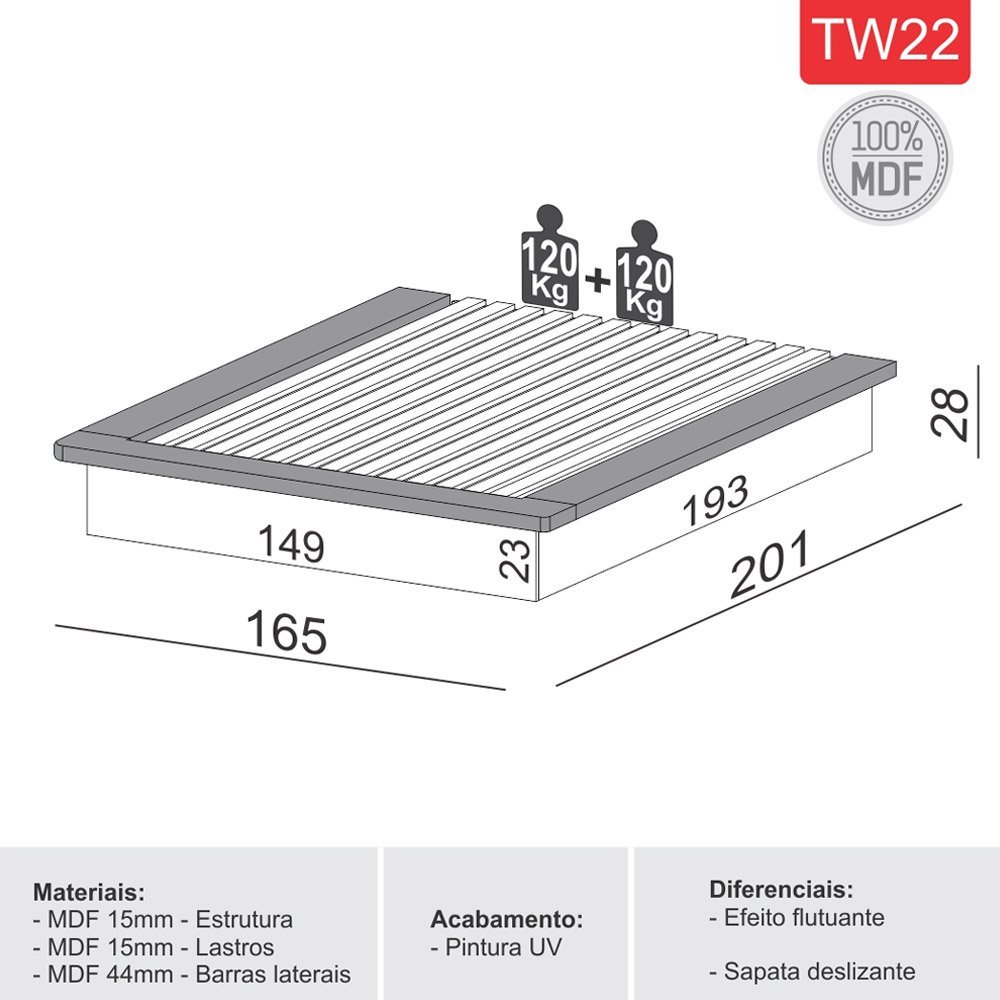 Cama Japonesa Casal Baixa sem Cabeceira Mdf Tw22 Dalla Costa - Off