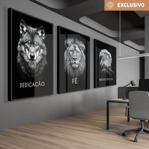 Kit 3 Quadros Decorativo Dedicação, Fé e Persistência Preto e Branco Sala Quarto Casa Escritório