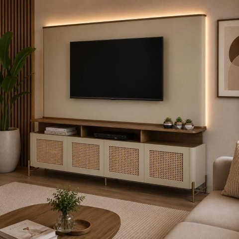 Rack com Painel para TV Bend 220cm MDF Porta Sextavada Louro e Luna com Dourado Casa Lar Shop
