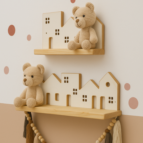 Kit 2 Prateleiras Montessori Cidade – Infantil em Madeira para Livros e Decoração