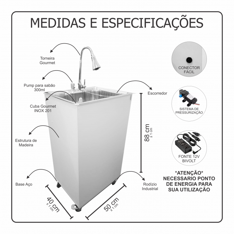 Pia Portátil Gourmet Preta Pressurizada Elétrica Bivolt - Ultra Móveis - 5