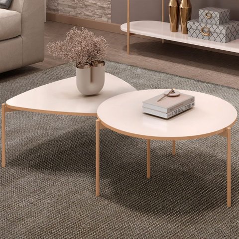 Kit Mesa de Centro Redonda Ellie e Mesa de Centro Trina D05 Off White - Lyam Decor