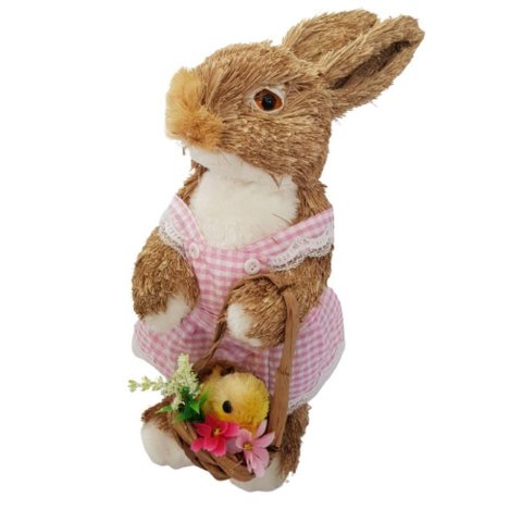 Coelha em Palha Natural com Vestido Rosa 37cm