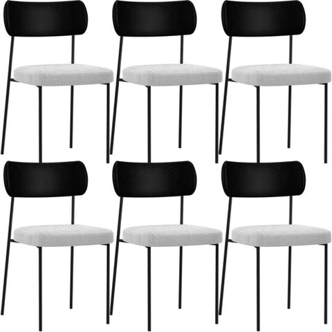 Kit 06 Cadeiras Estofadas para Sala de Jantar Melina L02 Couríssimo Preto Bouclê Cinza - Lyam