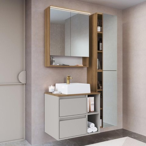 Conjunto Banheiro Gabinete com Cuba/Espelheira/Armários/LED 96cm Multimóveis Crpro-CON032 Mel/