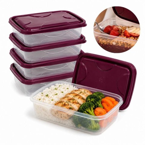 Kit 5 Potes Marmitas 700ml Hermetico Retangulares Vasilha Fitness Porta Alimentos Microondas Freezer