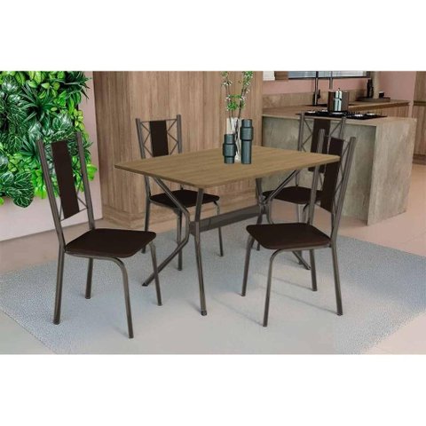 Sala de Jantar Completa Loire Tampo Madeirado 90x160cm e 4 Cadeiras Lisboa Bronze/freijo - Marrom -