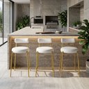 Ver imagem 1 de Banqueta Cozinha Média com Encosto Industrial Dourado Kit 3 Londres PU Branco D03 - D'Rossi