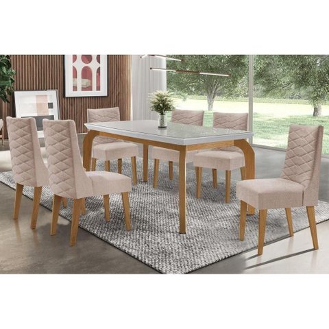 Conjunto: Mesa Sala Jantar Londrina Tampo Madeirado C/ Vidro 180x90cm e 6 Cadeiras Dafne Capuccino/