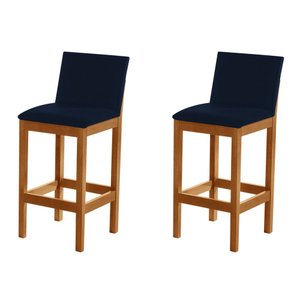 Kit 2 Banquetas Alta Luxo Pérola com Encosto Estofada em Veludo Azul Petróleo Madeira Maciça Castanh