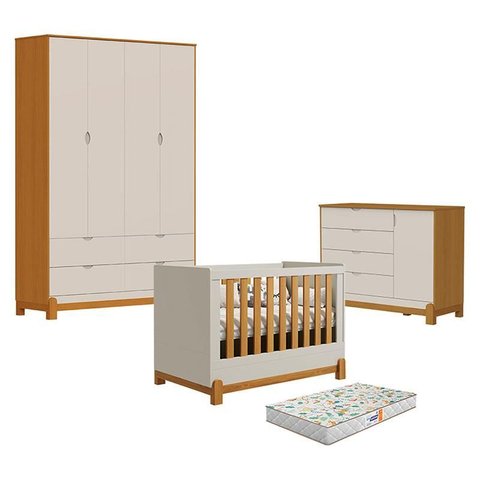 Quarto de Bebê 4 Portas com Cômoda Sapateira Lótus Liso Areia Savana e Berço Americano Lótus Liso Ar