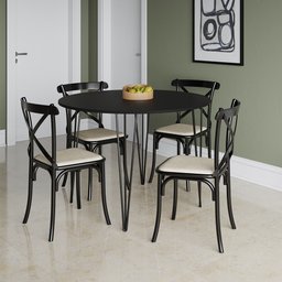 Mesa Jantar Redonda Preta Elen 110cm Hairpin com 4 Cadeiras Katrina Preta - 1