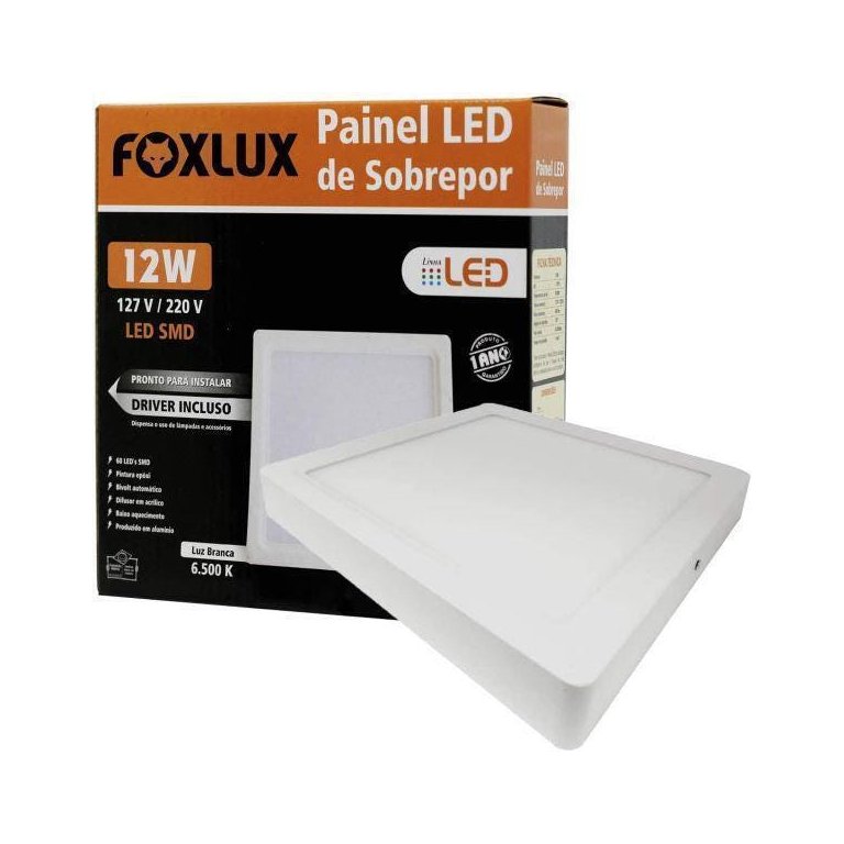 Painel Led Sobrepor Luz Branca (6500K) 12W Bivolt Aut Foxlux Painel Led Sobrepor Luz Branca (6500K) 12W Bivolt Aut Foxlux