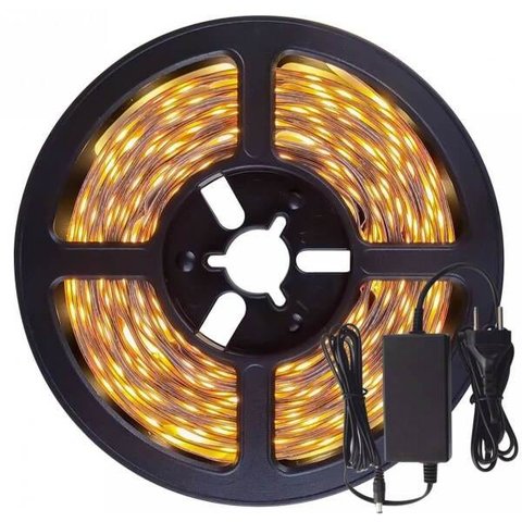 Fita LED 5050 Branco Quente 300 Leds 5 Metros 12V sem Silicone + Fonte