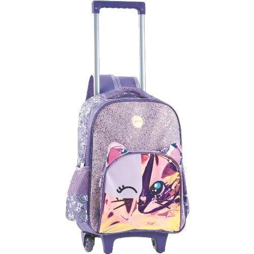 Kit Mochilete Rodinha Yepp 16" Gatinho Glitter Lilas + Estojo Duplo e Lancheira - 2