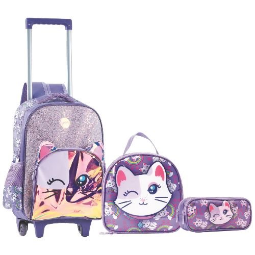 Kit Mochilete Rodinha Yepp 16" Gatinho Glitter Lilas + Estojo Duplo e Lancheira