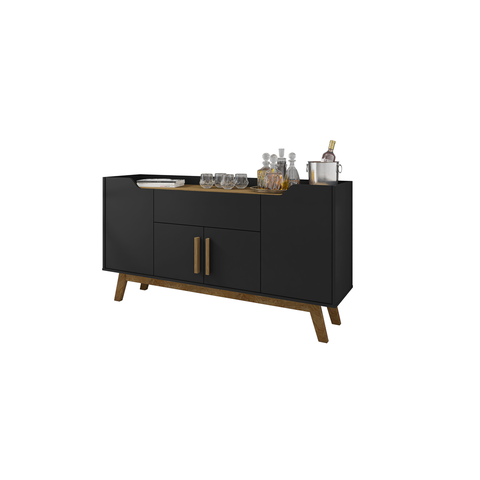 Aparador Buffet Sala Future 4 Portas 1 Gaveta Retrô Pés de Madeira Preto Fosco/cinamomo