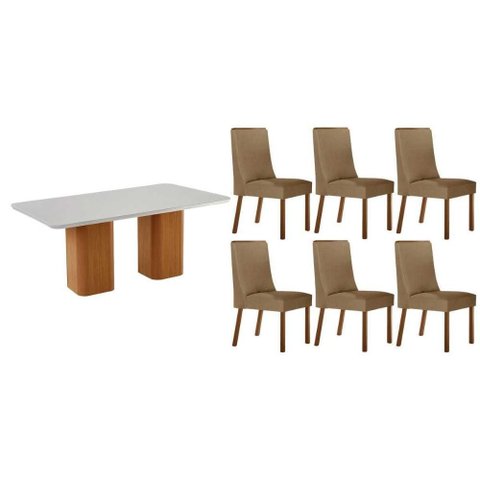 Conjunto: Mesa Sala Jantar Maldivas C/ Tampo Madeirado C/ Vidro Canto Curvo 180x90cm e 6 Cadeiras