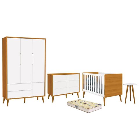 Dormitório Infantil Theo 3 Portas, Cômoda 6 Gavetas, Berço, Mesa de Canto Branco/Savana com Pés