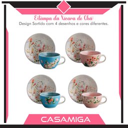 Conjunto 8 Xícaras Chá C/ Pires Cerâmica 249ml Plenty - 2