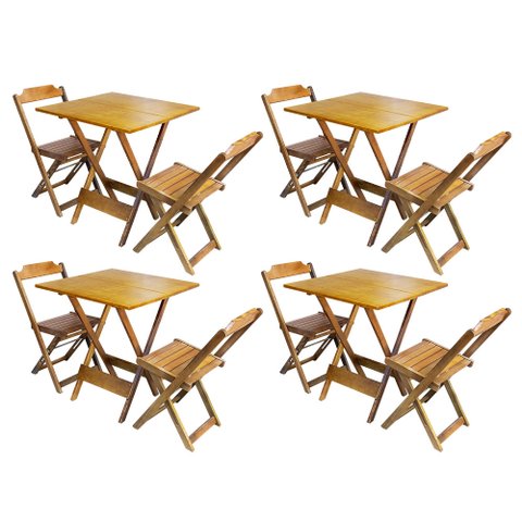 Kit 4 Jogos de Mesa Dobrável com 2 Cadeiras de Madeira 70x70 Ideal para Bar e Restaurante - Mel