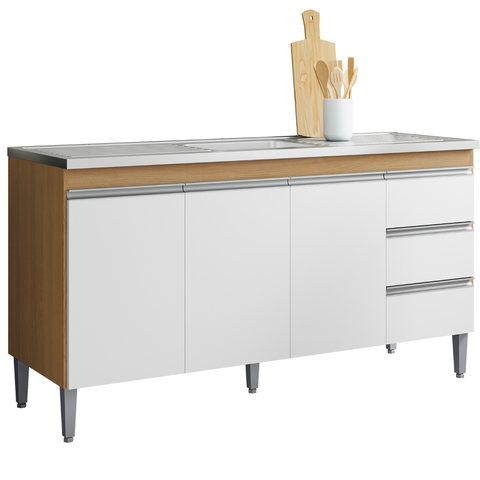 Balcão de Cozinha Gabinete 150cm Andréia sem Tampo Ajl Móveis:amêndoa Branco