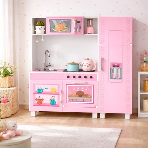 Cozinha Infantil MDF Rosa para Menina Completa Geladeira Microondas Forno Pia Armario Educativo