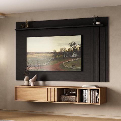 Conjunto Rack e Painel de TV Cedro 160cm e 180cm MDP Preto Móveis Carraro
