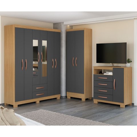 Kit Quarto Guarda Roupa 6 Portas 2 Gavetas com Espelho Comoda Sapateira e Multiuso Carvalho Grafite