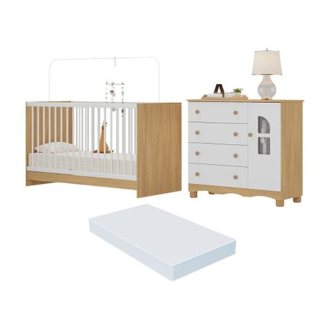 Berço 3 em 1 com Colchão Incluso e Cômoda 1 Porta 4 Gavetas Aurora Multimóveis Mp4770 Madeirado/