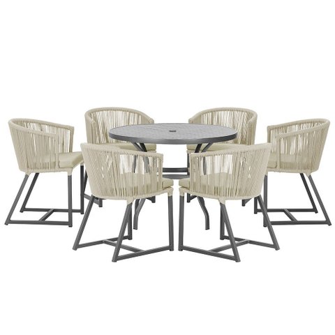 Mesa com 6 Cadeiras de Jantar Roma 120cm e Noronha em Alumínio Preto Corda Náutica Estofado 7 Trama