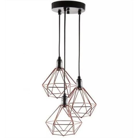 Lustre Triplo Aramado Retrô Diamante 18X18Cm Cobre - Md8003