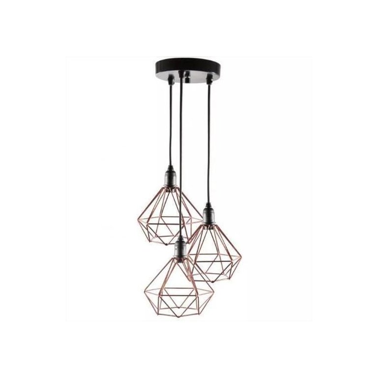 Lustre Triplo Aramado Retrô Diamante 18X18Cm Cobre - Md8003