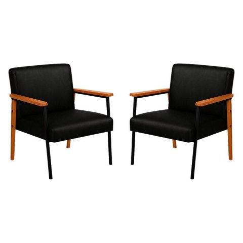 Kit 2 Poltronas Fontana Couro Preto Base em Madeira com Metal Preto