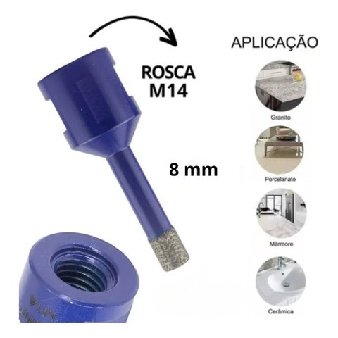 Serra Copo Diamantada 8mm para Porcelanato Ceramica Marmore Rosca M14 Esmerilhadeira Furo Preciso Pa