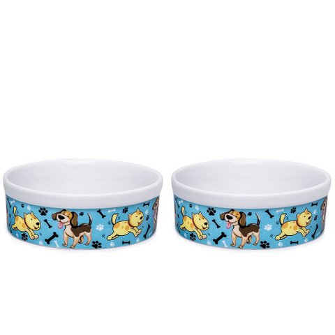 Kit Comedouro e Bebedouro de Porcelana 600ml Cachorro Azul