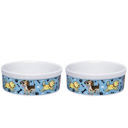Kit Comedouro e Bebedouro de Porcelana 600ml Cachorro Azul - 1
