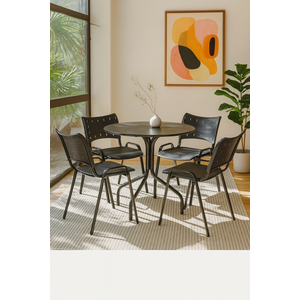 Jogo Mesa Redonda para Restaurante Comércio com 4 Cadeiras Iso Preta Base Preta Ecomhome