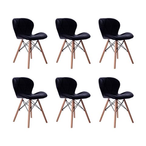 Kit 06 Cadeiras Estofada Jantar Charles Eames Eiffel Slim Wood Confort Preto