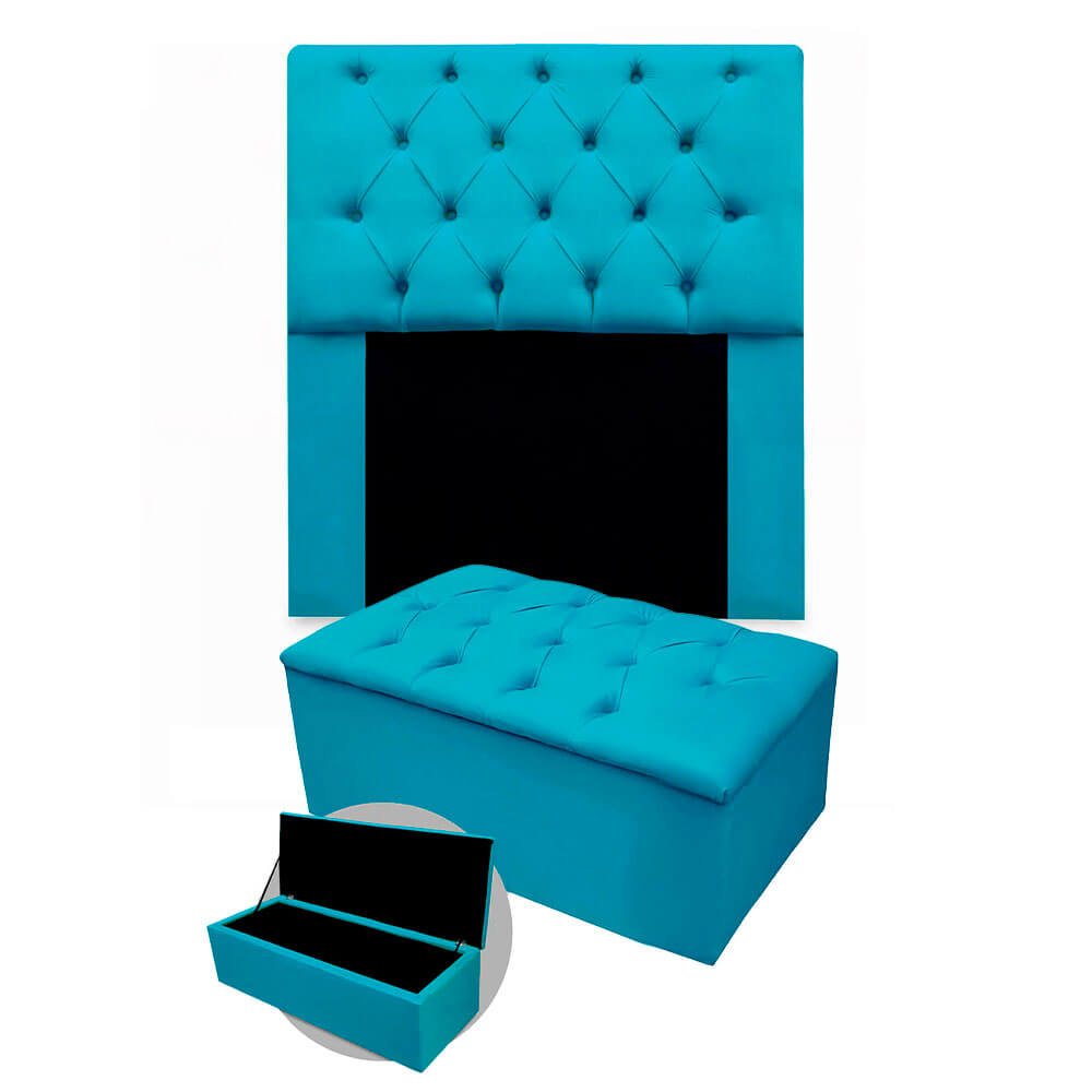 Kit Cabeceira + Calçadeira Baú Mirage Solteiro 100cm Suede - Ecotec Decor:Azul Turquesa - 1