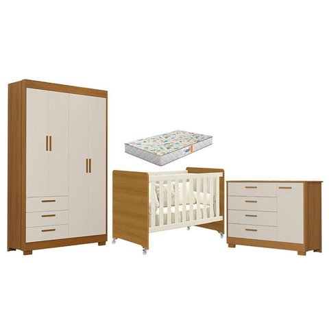 Quarto de Bebê Zaki e Berço Americano Evolution 4 em 1 Areia Acetinado Savana com Colchão Gazin - Re
