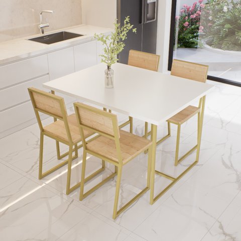Conjunto Mesa de Jantar Retangular Branca 4 Cadeiras Pinus Riviera Industrial Dourado Don Castro Dec