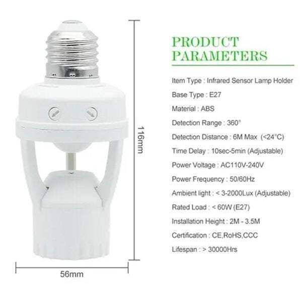 Sensor Luz Infravermelho de Movimento Adaptável Soquete E27 - 7