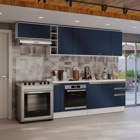 Armário de Cozinha Completa 3 Gavetas 100% Mdf 300cm Branco/azul Profundo Celeste Kappesberg
