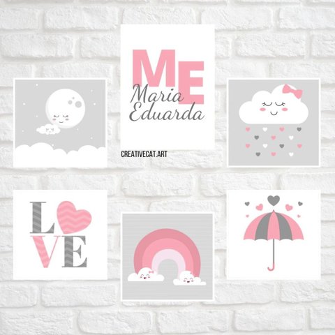 Kit com 6 Quadros Decorativos do Tema Nuvem - Chuva de Amor:preta
