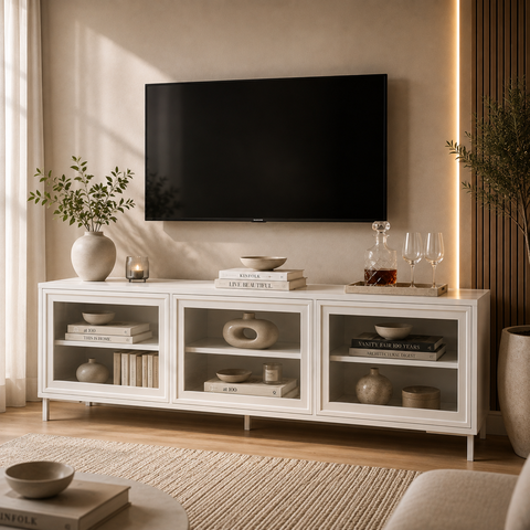 Rack para TV até 55 Polegadas 3 Portas de Vidro 2 Prateleiras Refresh Branco - BRV Móveis